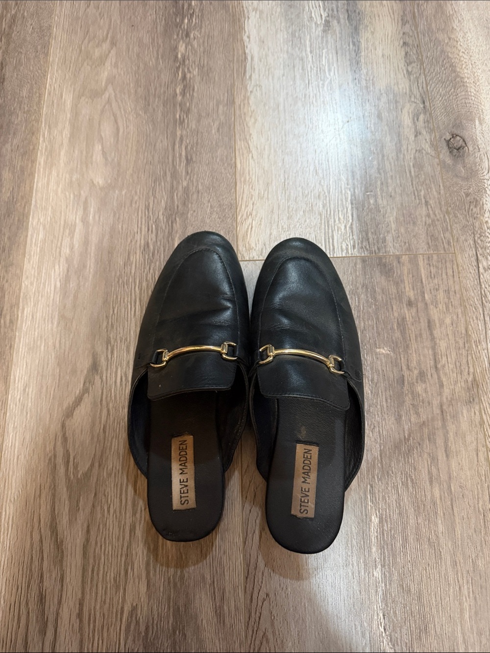 Steve Madden Black Leather Slip-On Loafers with Gold Bit